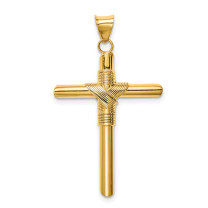 14K Polished with Center Wrap Tube Cross Pendant