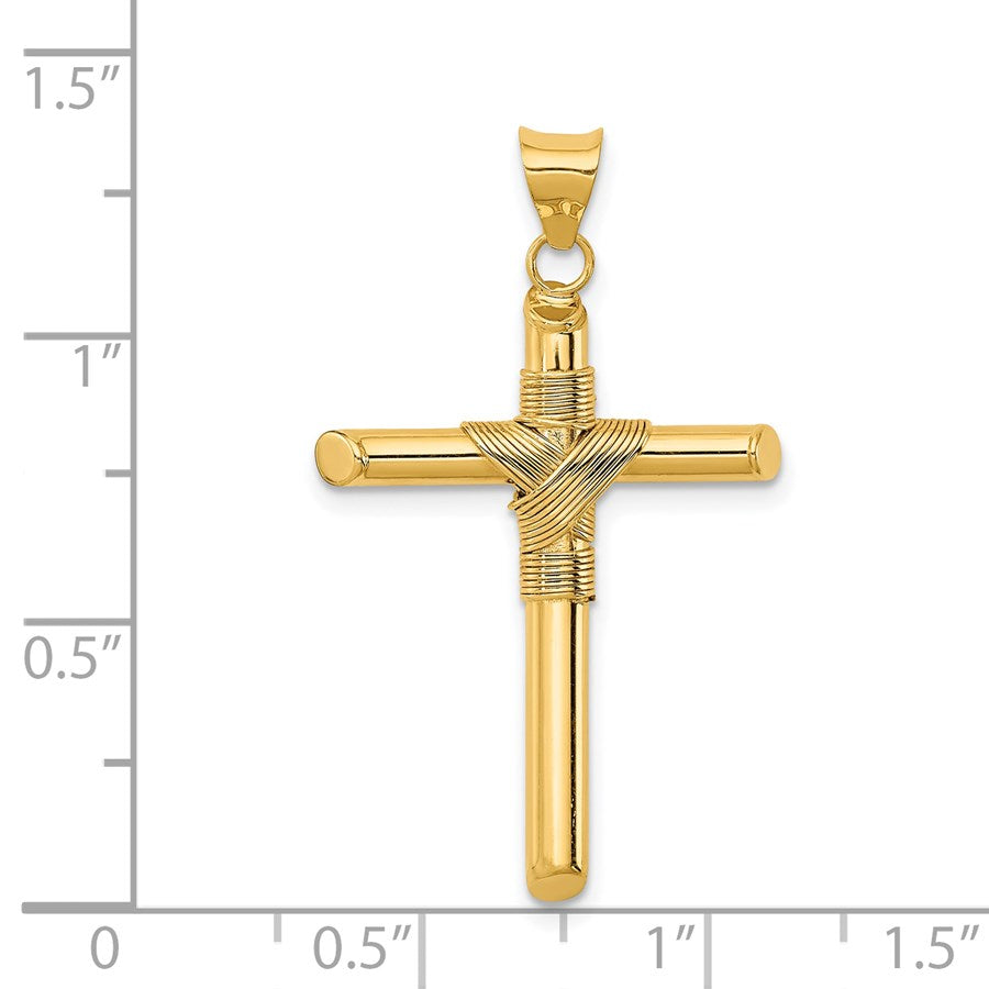 14K Polished with Center Wrap Tube Cross Pendant
