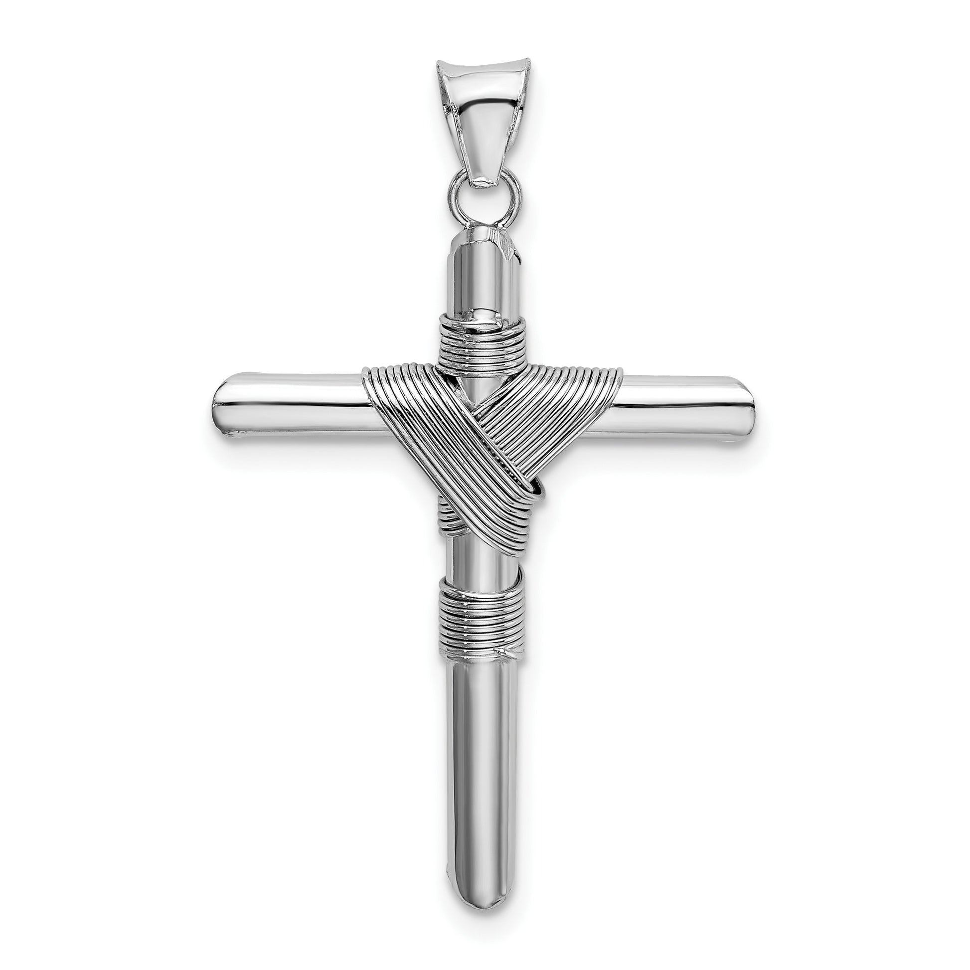 14K White Gold with Center Wrap Tube Cross Pendant