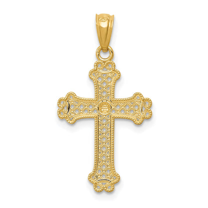 14k with White Rhodium Diamond-cut Filigree Cross Pendant