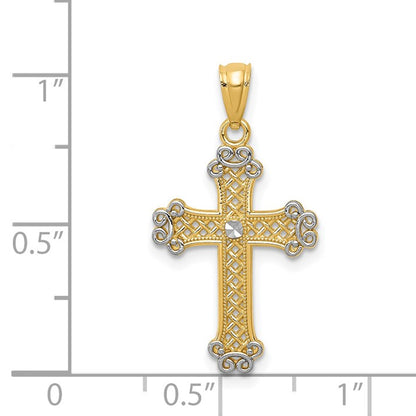 14k with White Rhodium Diamond-cut Filigree Cross Pendant