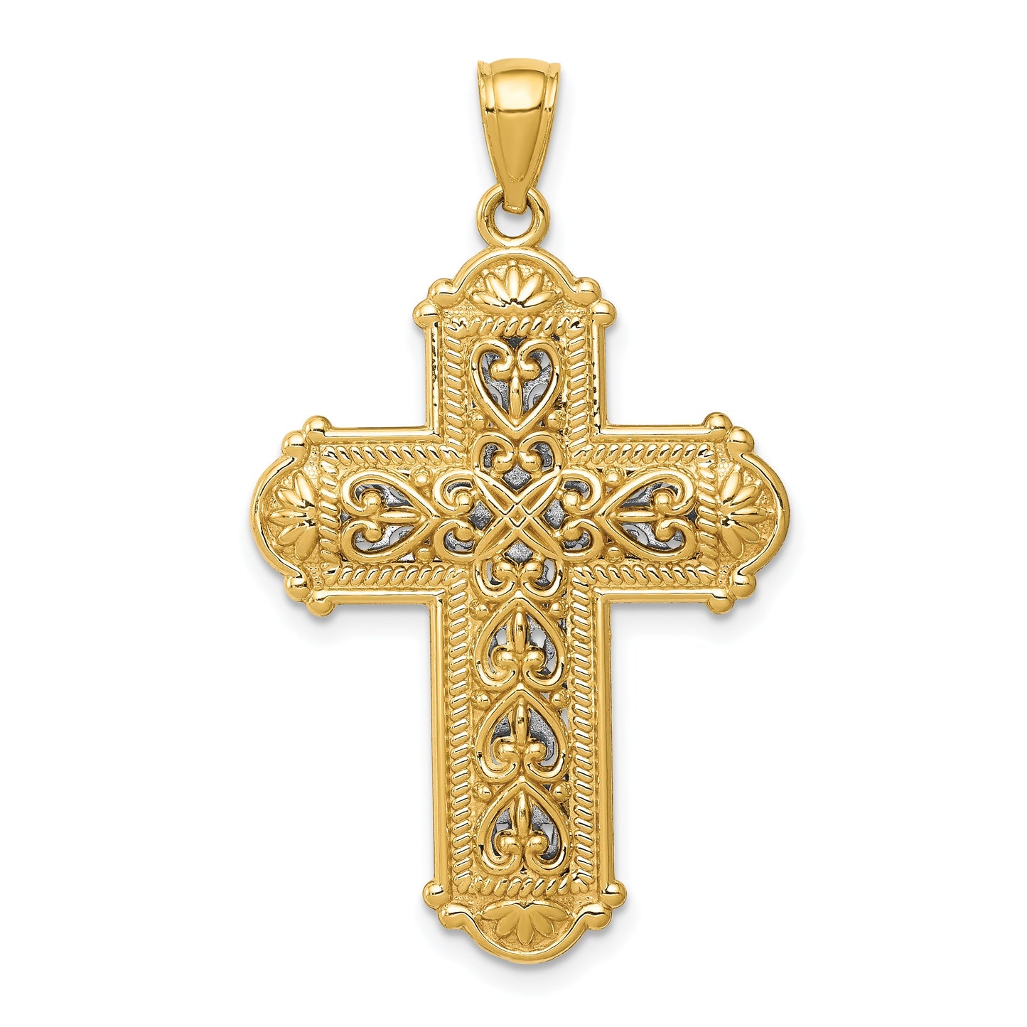 14k and White Rhodium Reversible Diamond-cut Filigree Cross Pendant