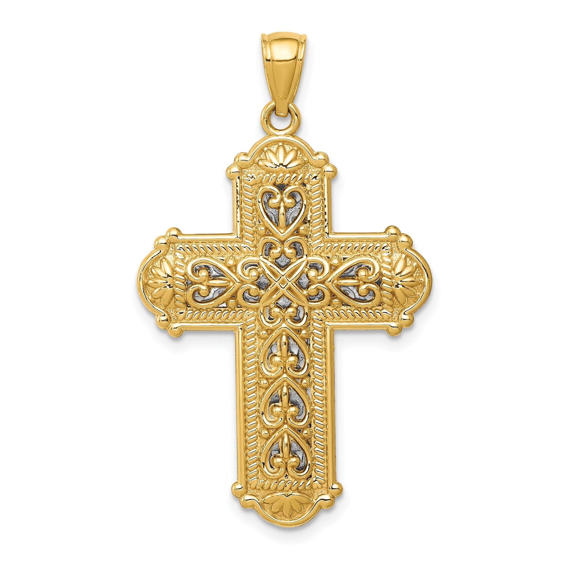 14k and White Rhodium Reversible Diamond-cut Filigree Cross Pendant