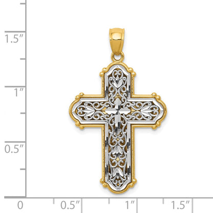 14k and White Rhodium Reversible Diamond-cut Filigree Cross Pendant