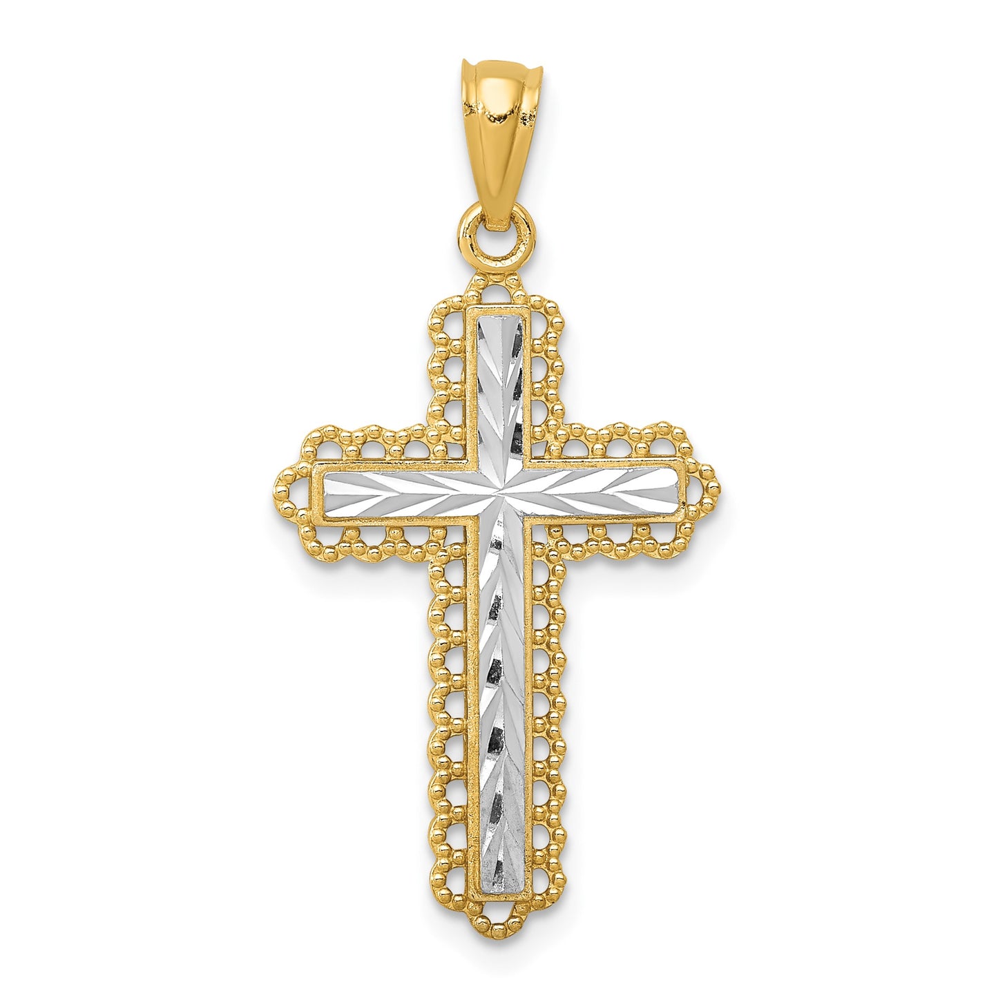 14k with White Rhodium Diamond-cut Budded Cross Pendant