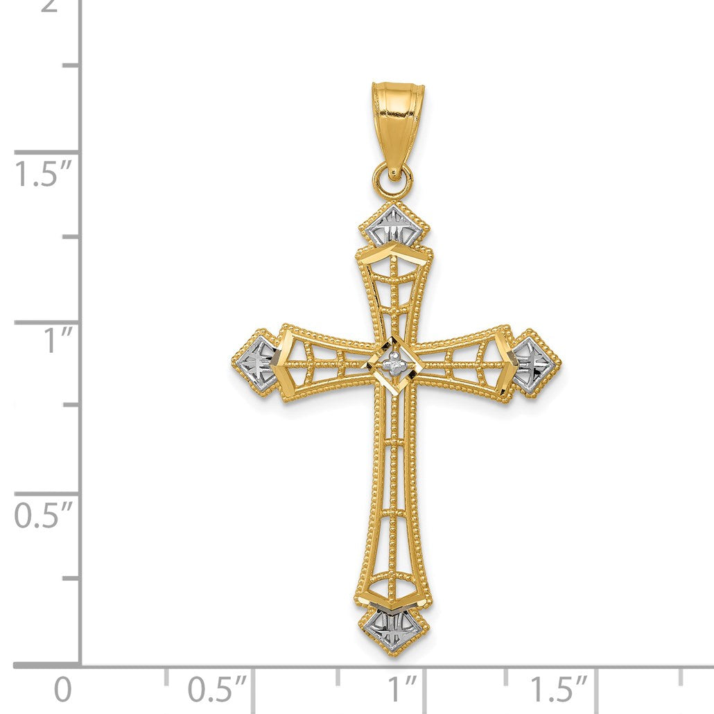 14k and White Rhodium Diamond-cut Cross Pendant