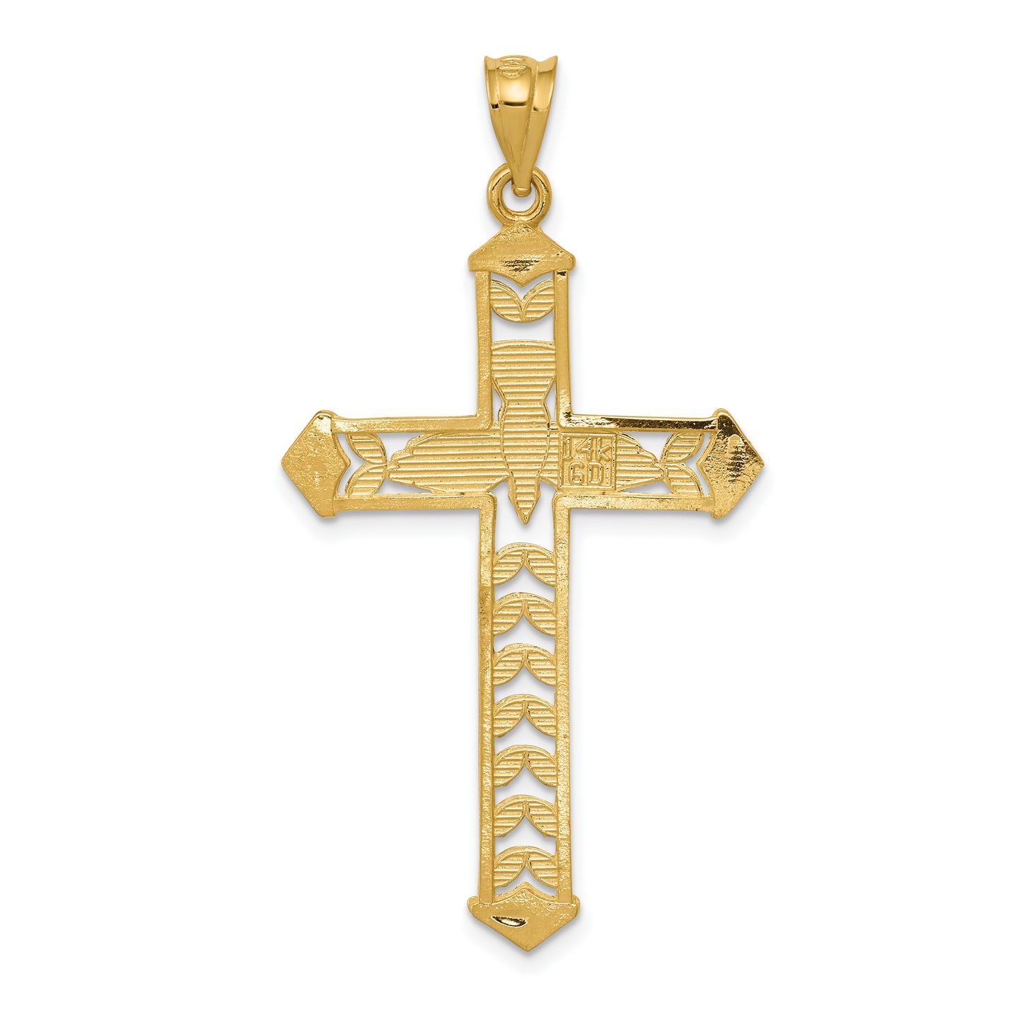 14K and White Rhodium Polished Diamond-Cut Dove Cross Pendant