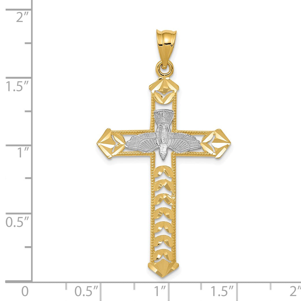 14K and White Rhodium Polished Diamond-Cut Dove Cross Pendant