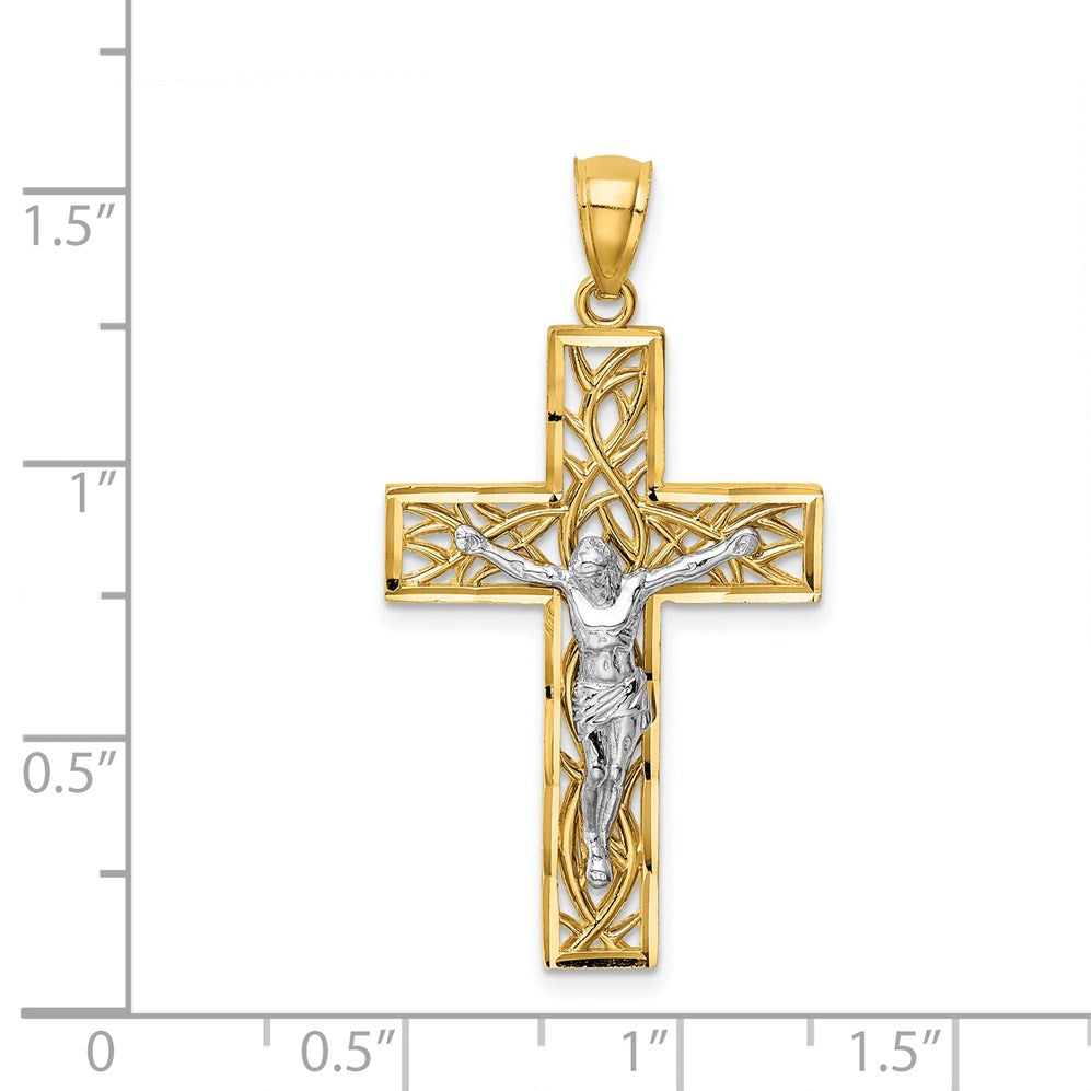 14K Two-Tone Satin Polished Diamond-cut Crucifix with Vines Pendant