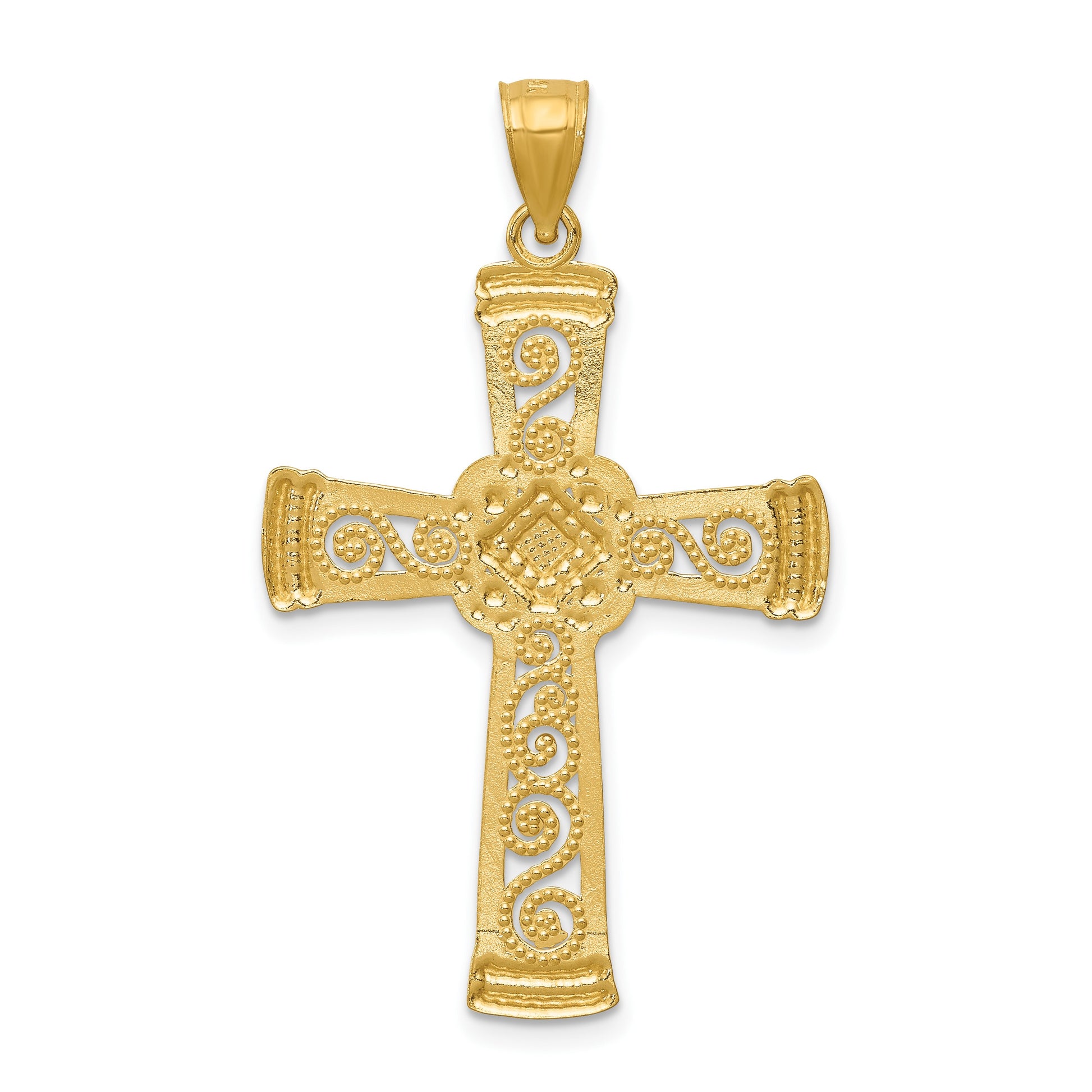 14k and White Rhodium Diamond-cut Filigree Cross Pendant