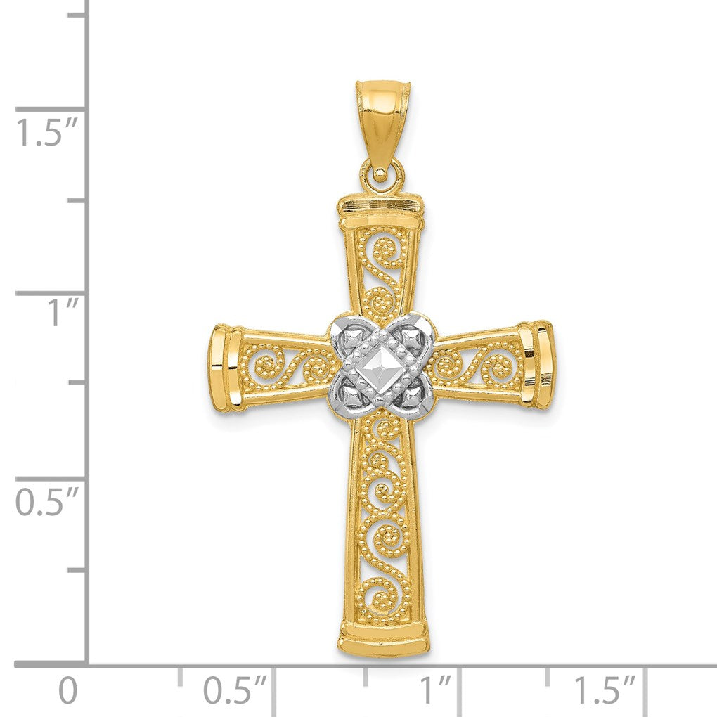 14k and White Rhodium Diamond-cut Filigree Cross Pendant
