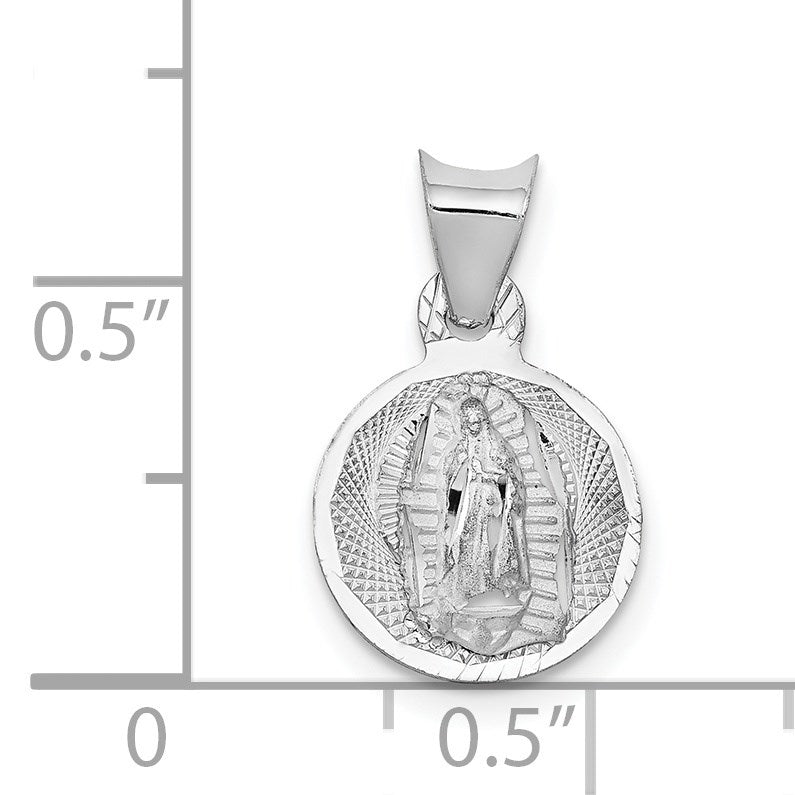 14k White Gold Polished Diamond-cut Semi-solid Our Lady Of Guadalupe Round Pendant