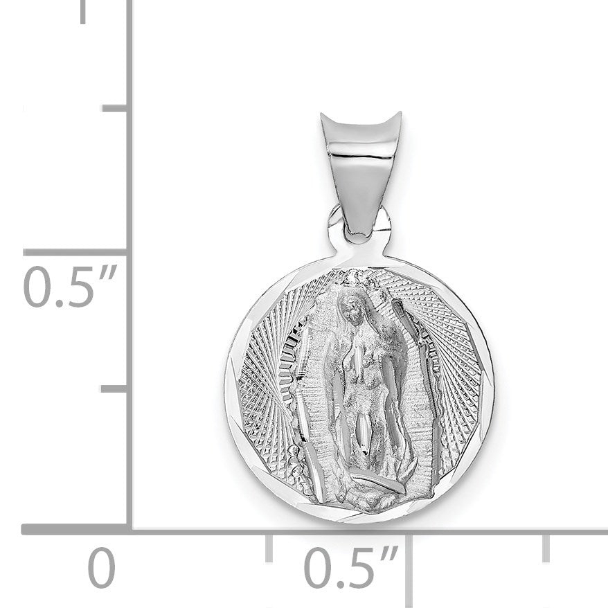 14k White Gold Polished Diamond-cut Semi-solid Our Lady Of Guadalupe Round Pendant