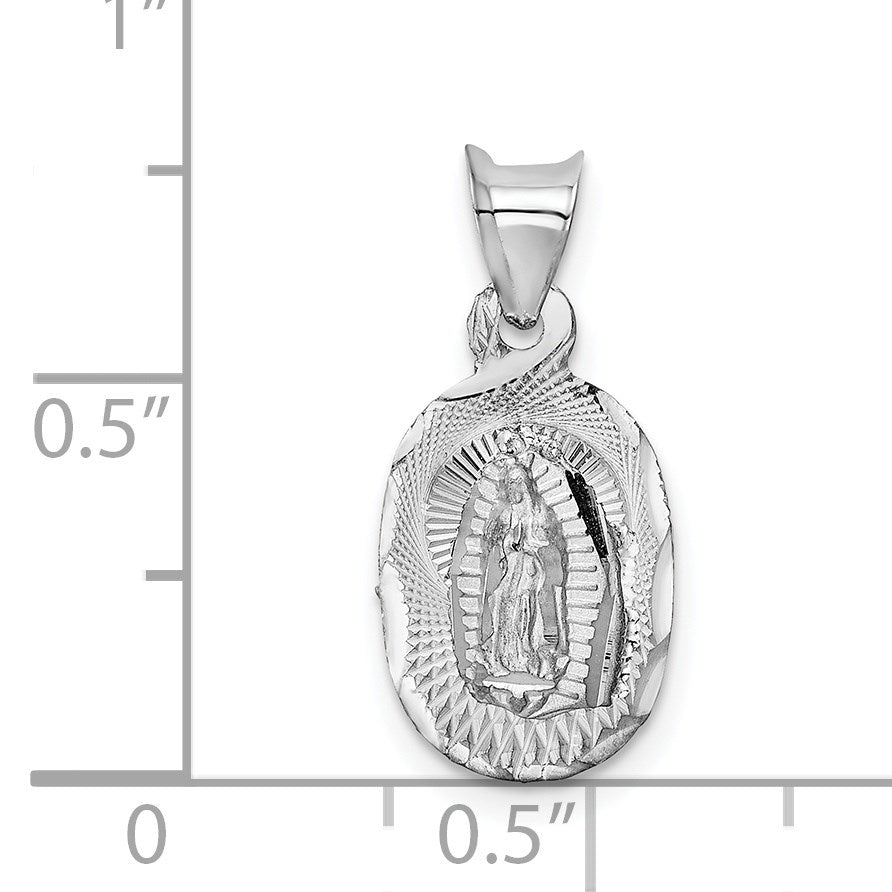 14k White Gold Polished Diamond-cut Semi-solid Our Lady Of Guadalupe Oval Pendant