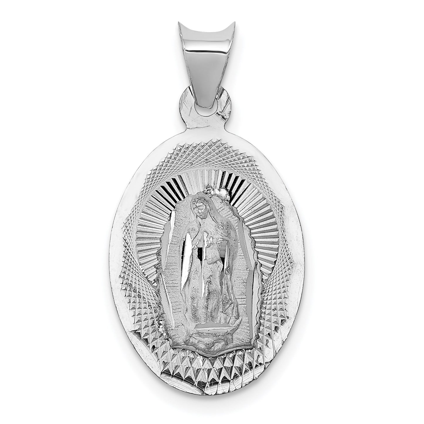 14k White Gold Polished Diamond-cut Semi-solid Our Lady Of Guadalupe Oval Pendant