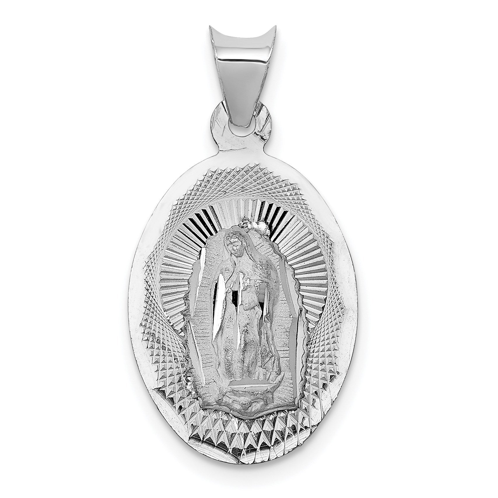14k White Gold Polished Diamond-cut Semi-solid Our Lady Of Guadalupe Oval Pendant
