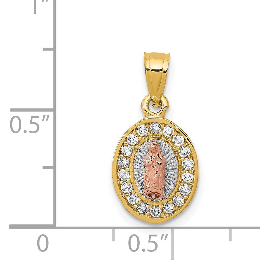 14K Two-Tone with White Rhodium Diamond-cut CZ Our Lady of Guadalupe Oval Pendant