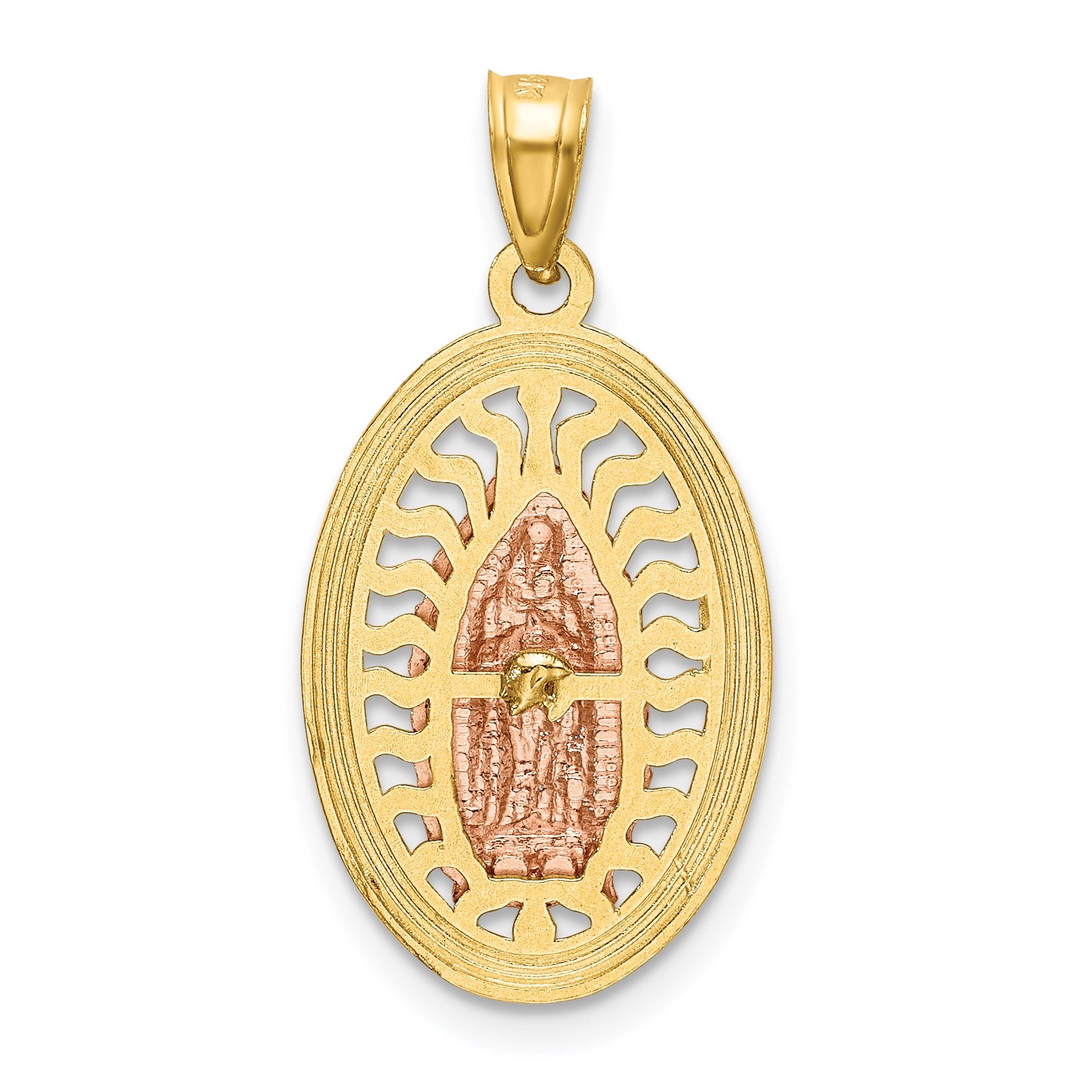 14K Two-tone with White Rhodium Diamond-cut Our Lady of Guadalupe Oval Charm