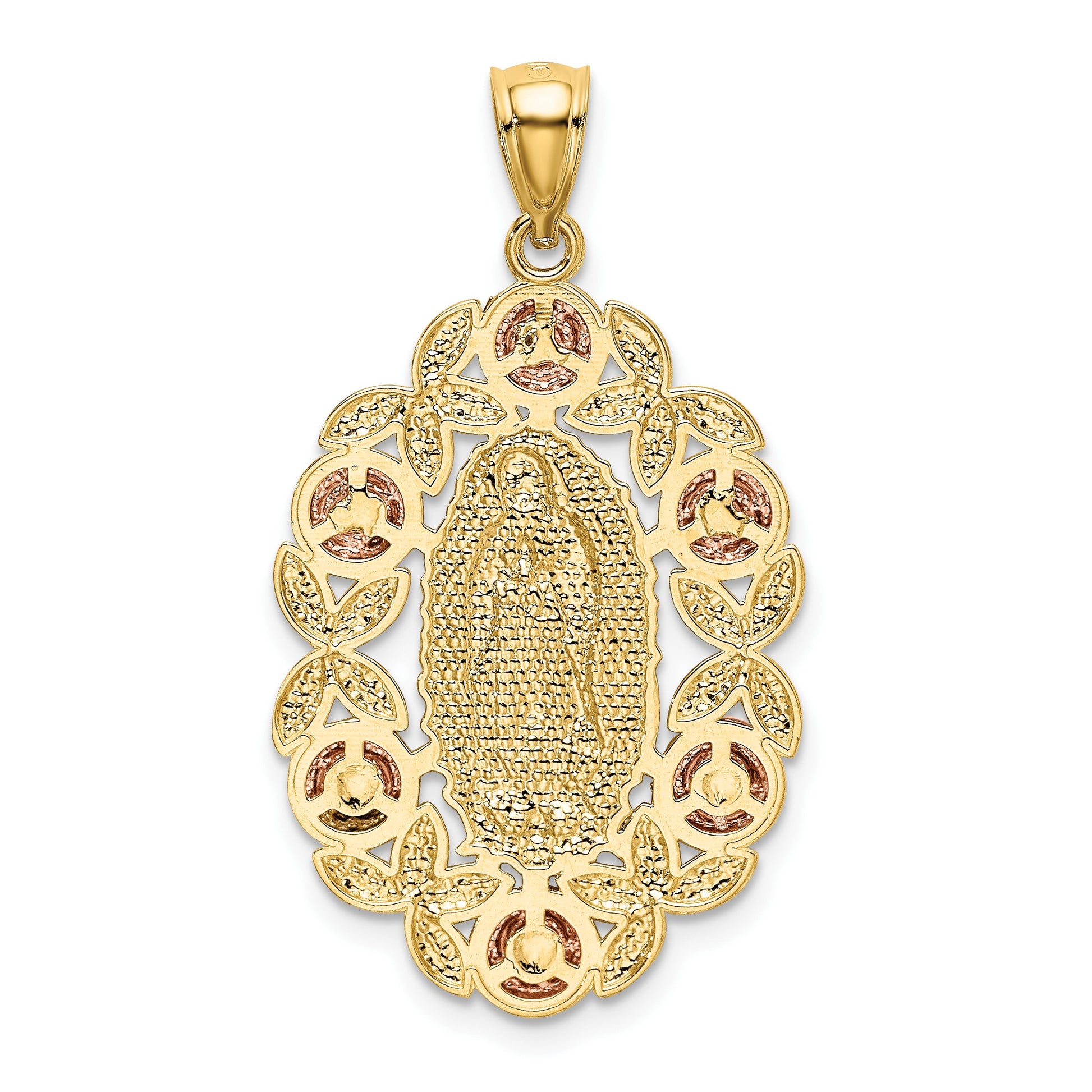 14K Two-Tone with White Rhodium Our Lady Of Guadalupe with Flowers Oval Pendant