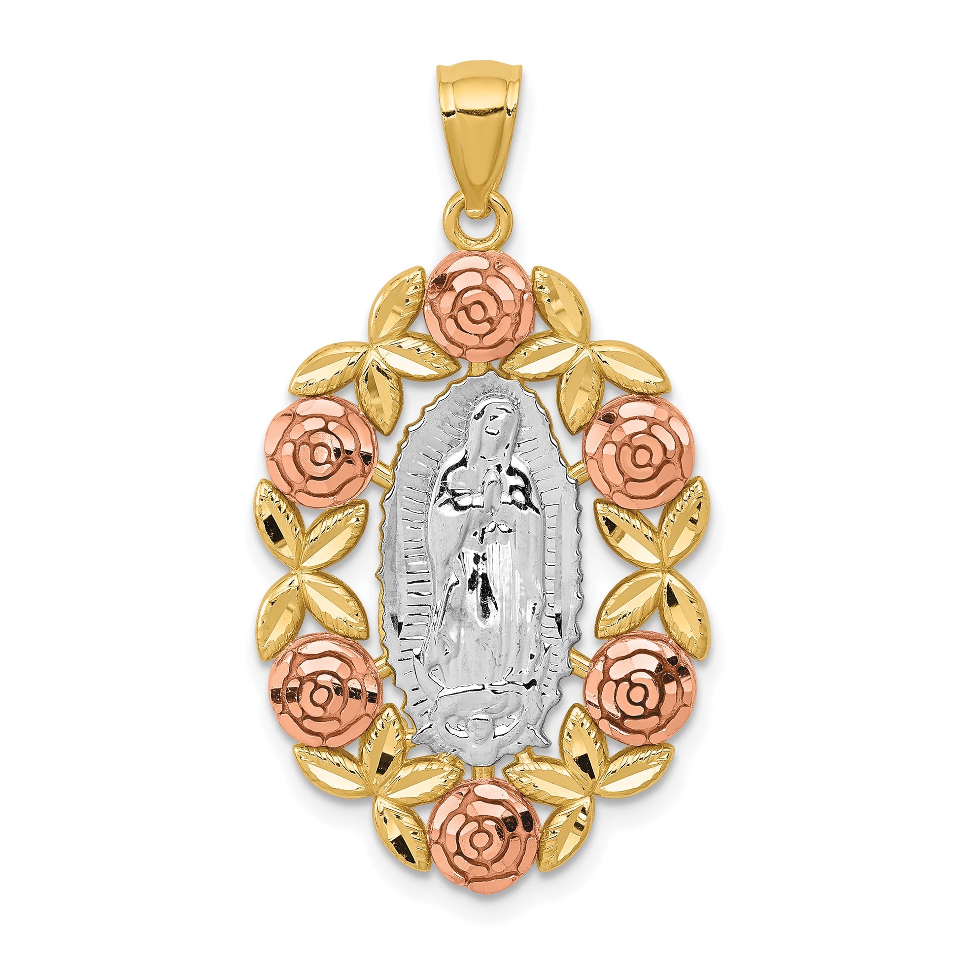 14K Two-Tone with White Rhodium Our Lady Of Guadalupe with Flowers Oval Pendant