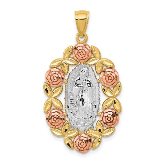 14K Two-Tone with White Rhodium Our Lady Of Guadalupe with Flowers Oval Pendant