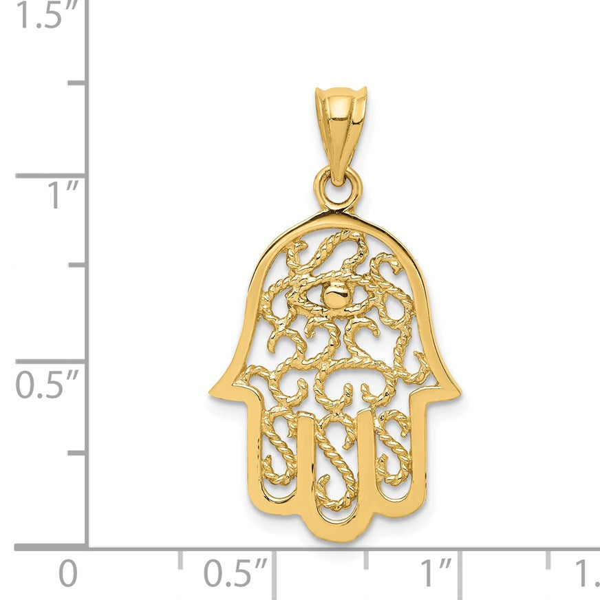 14k Polished Filigree Hamsa and Evil Eye Pendant