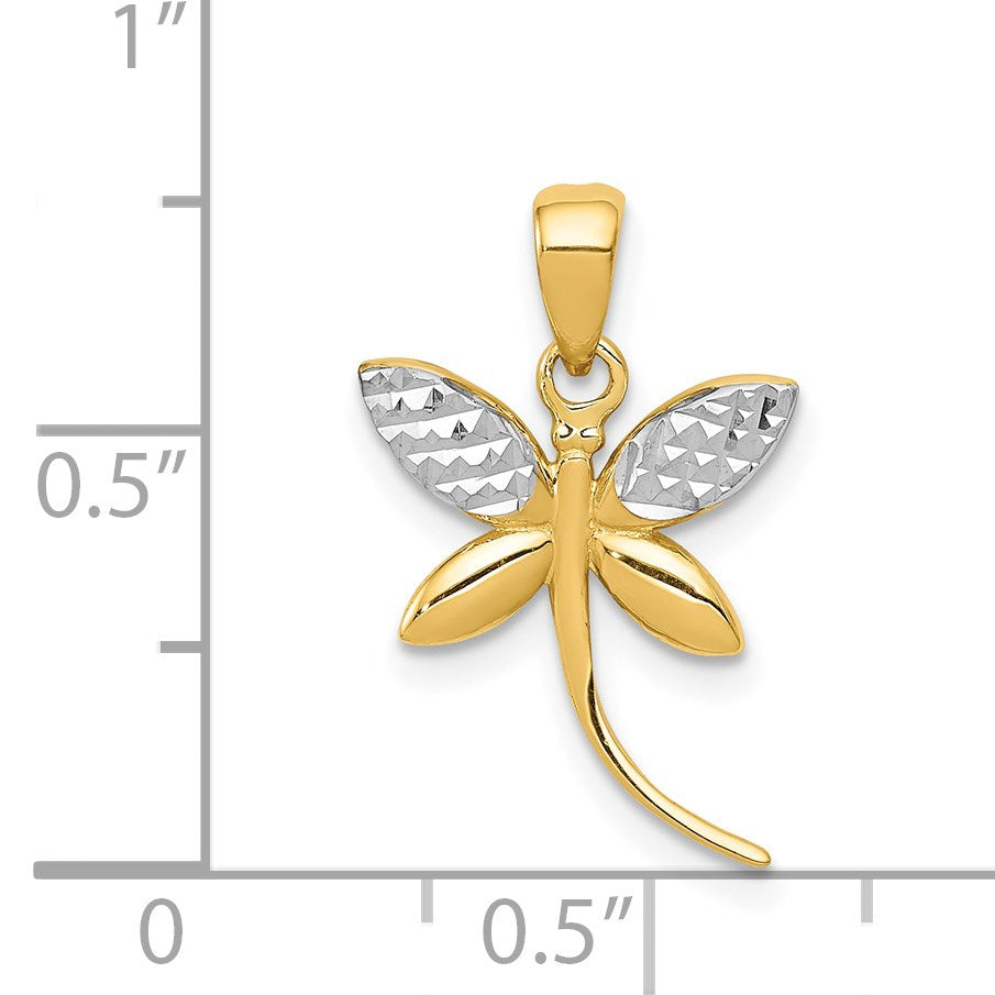 14k and White Rhodium Diamond-cut Polished Dragonfly Pendant