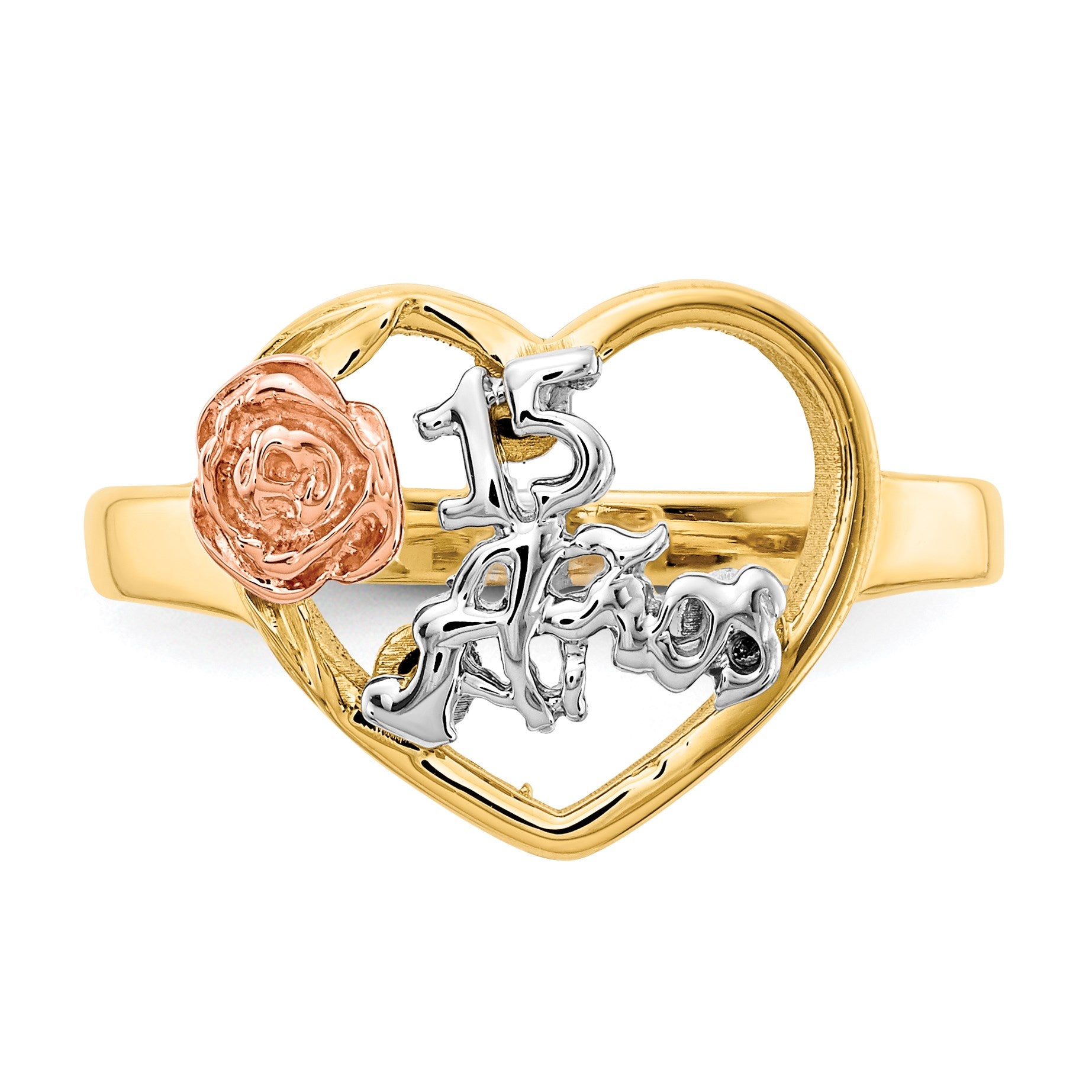 14k Tri-Color Quinceanera 15 ANOS in Heart with Flower Ring