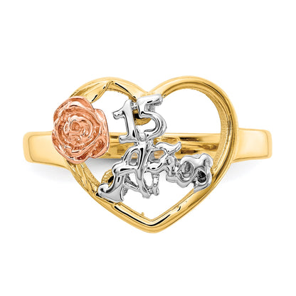 14k Tri-Color Quinceanera 15 ANOS in Heart with Flower Ring