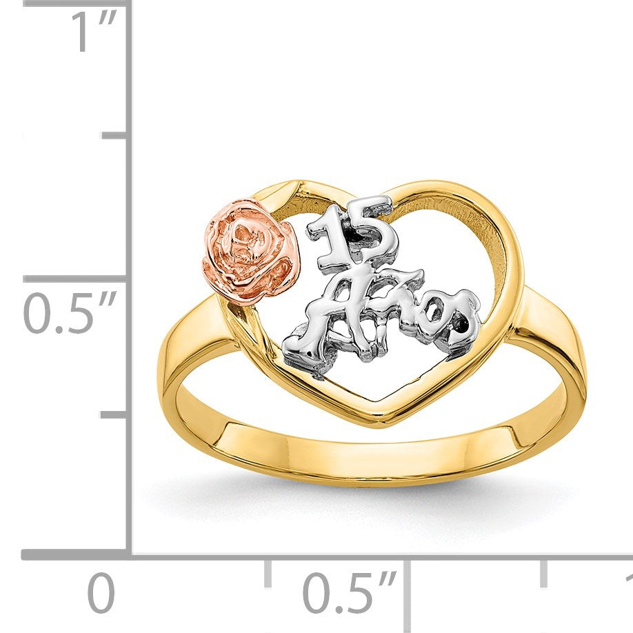 14k Tri-Color Quinceanera 15 ANOS in Heart with Flower Ring