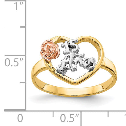 14k Tri-Color Quinceanera 15 ANOS in Heart with Flower Ring