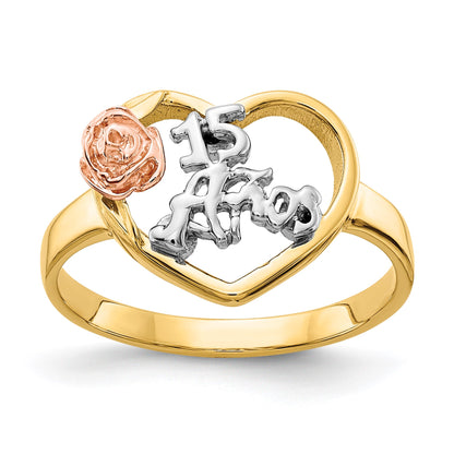 14k Tri-Color Quinceanera 15 ANOS in Heart with Flower Ring