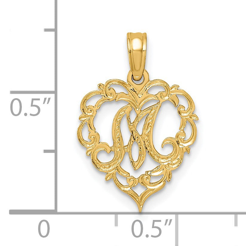14KY Heart Script Letter M Initial Charm