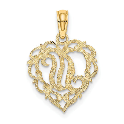14KY Heart Script Letter N Initial Charm