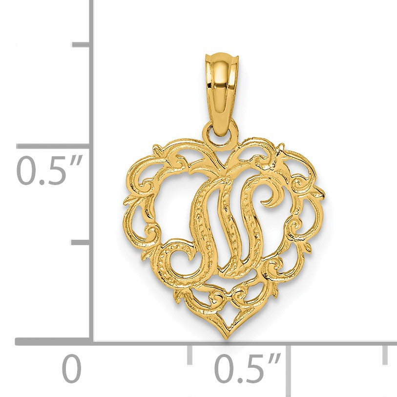 14KY Heart Script Letter N Initial Charm