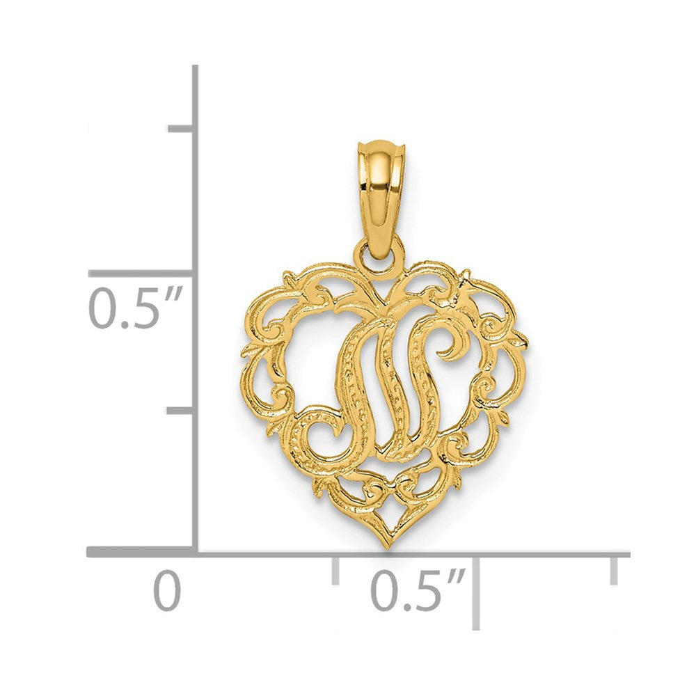 14KY Heart Script Letter N Initial Charm