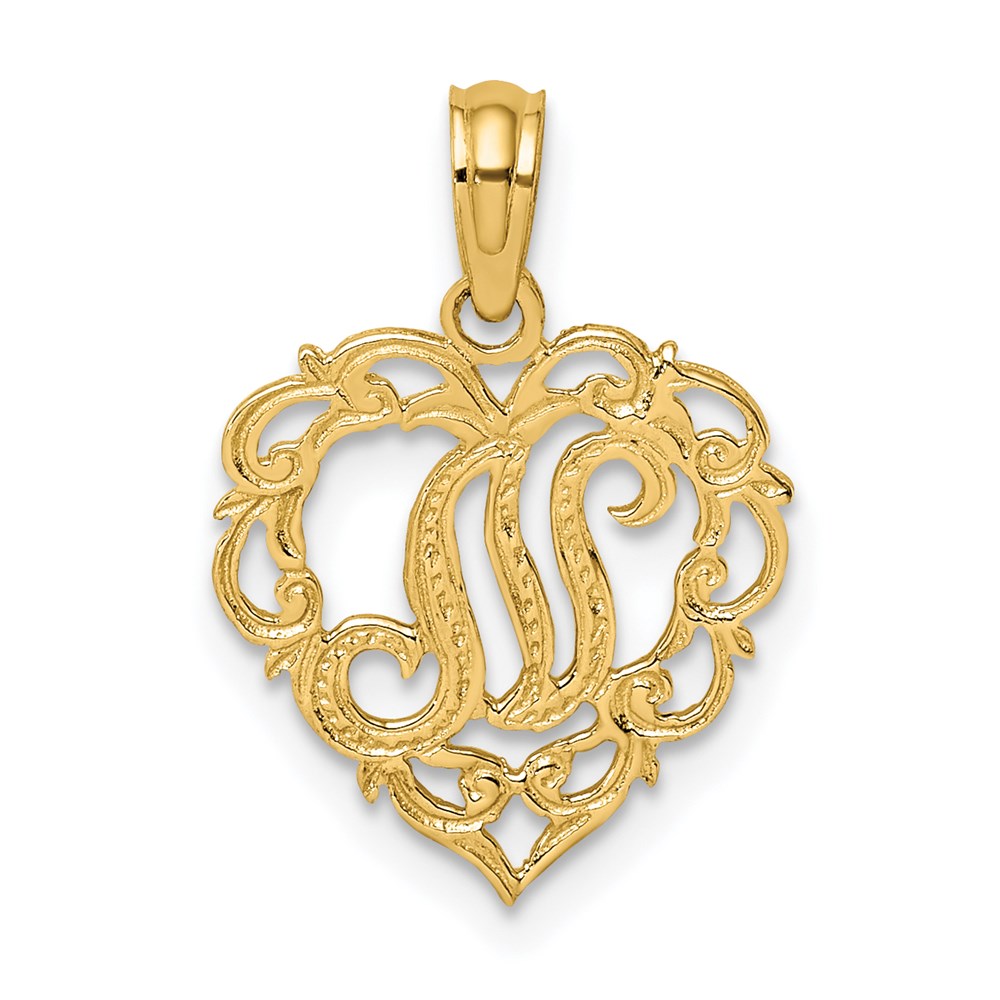 14KY Heart Script Letter N Initial Charm