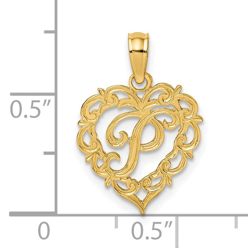 14KY Heart Script Letter P Initial Charm