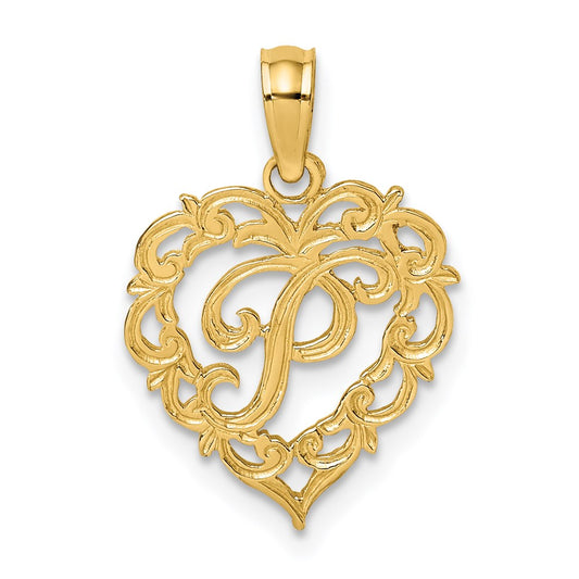 14KY Heart Script Letter P Initial Charm