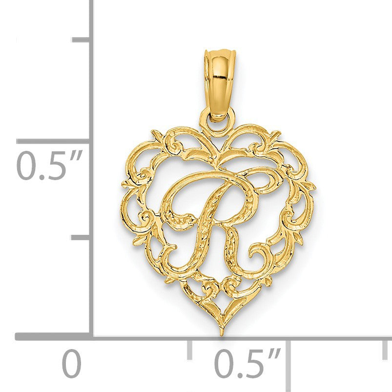 14KY Heart Script Letter R Initial Charm