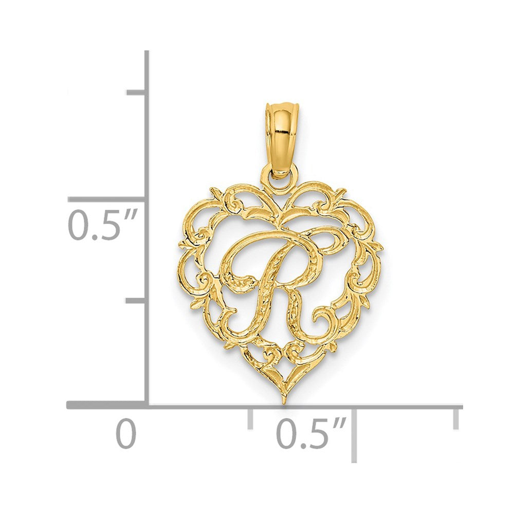 14KY Heart Script Letter R Initial Charm