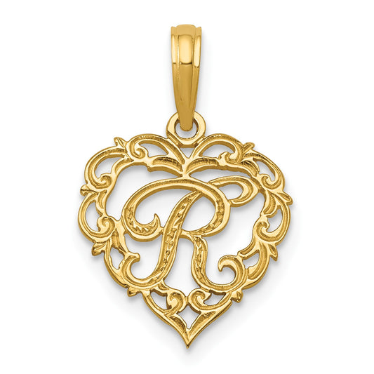 14KY Heart Script Letter R Initial Charm