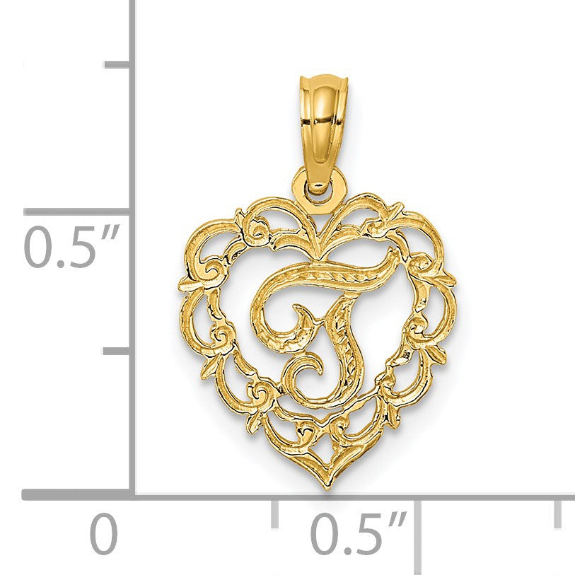 14KY Heart Script Letter T Initial Charm