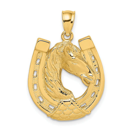 14K Polished and Engraved Horse Head In Shoe Charm