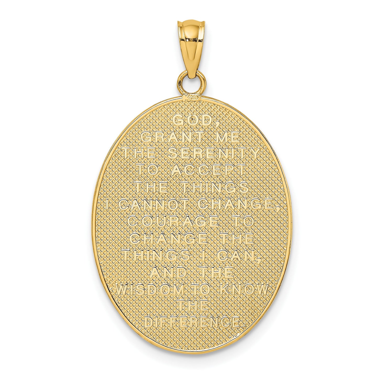 14K with White Rhodium Enameled Rose Cross with Serenity Prayer on Back Oval Disc Charm
