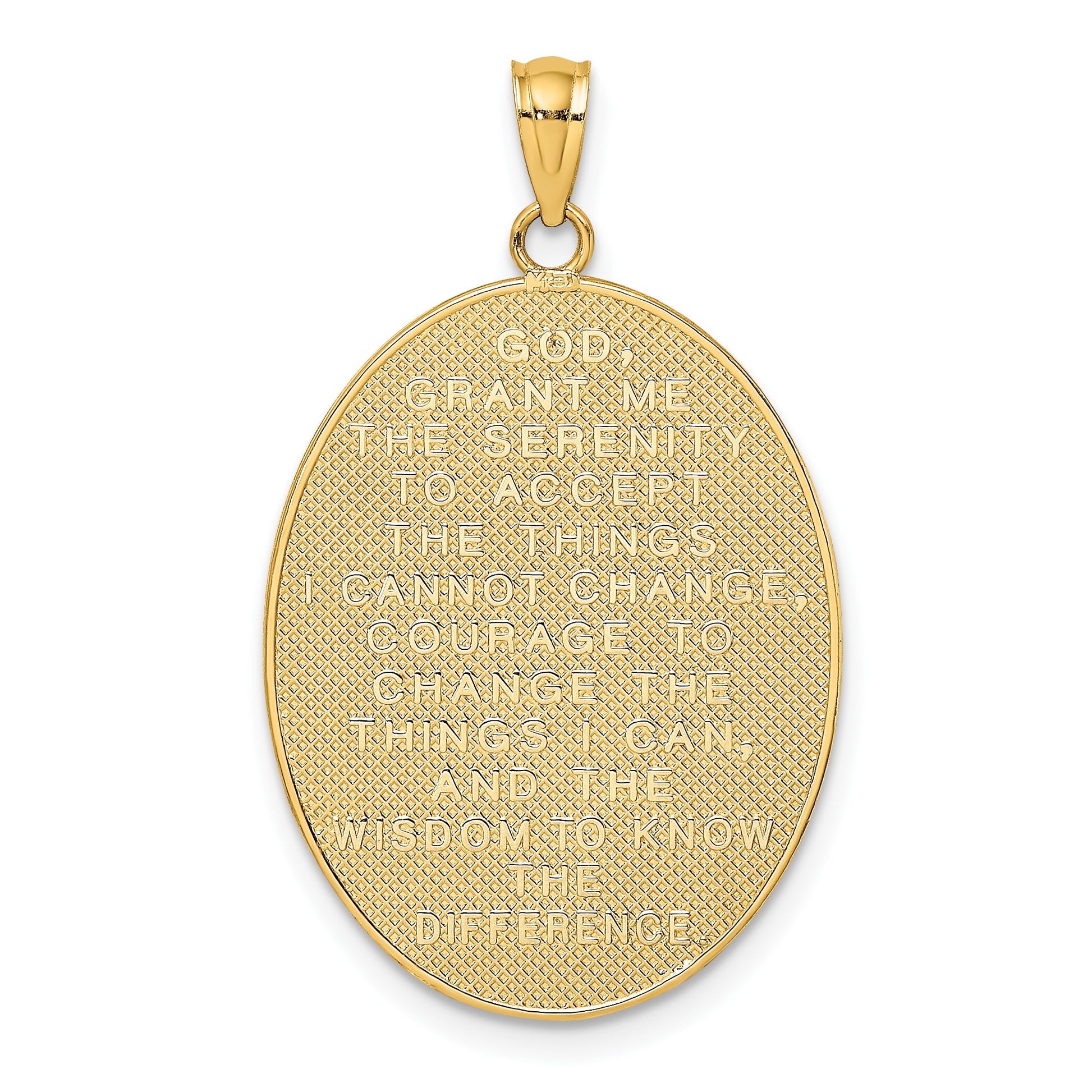 14K with White Rhodium Enameled Rose Cross with Serenity Prayer on Back Oval Disc Charm