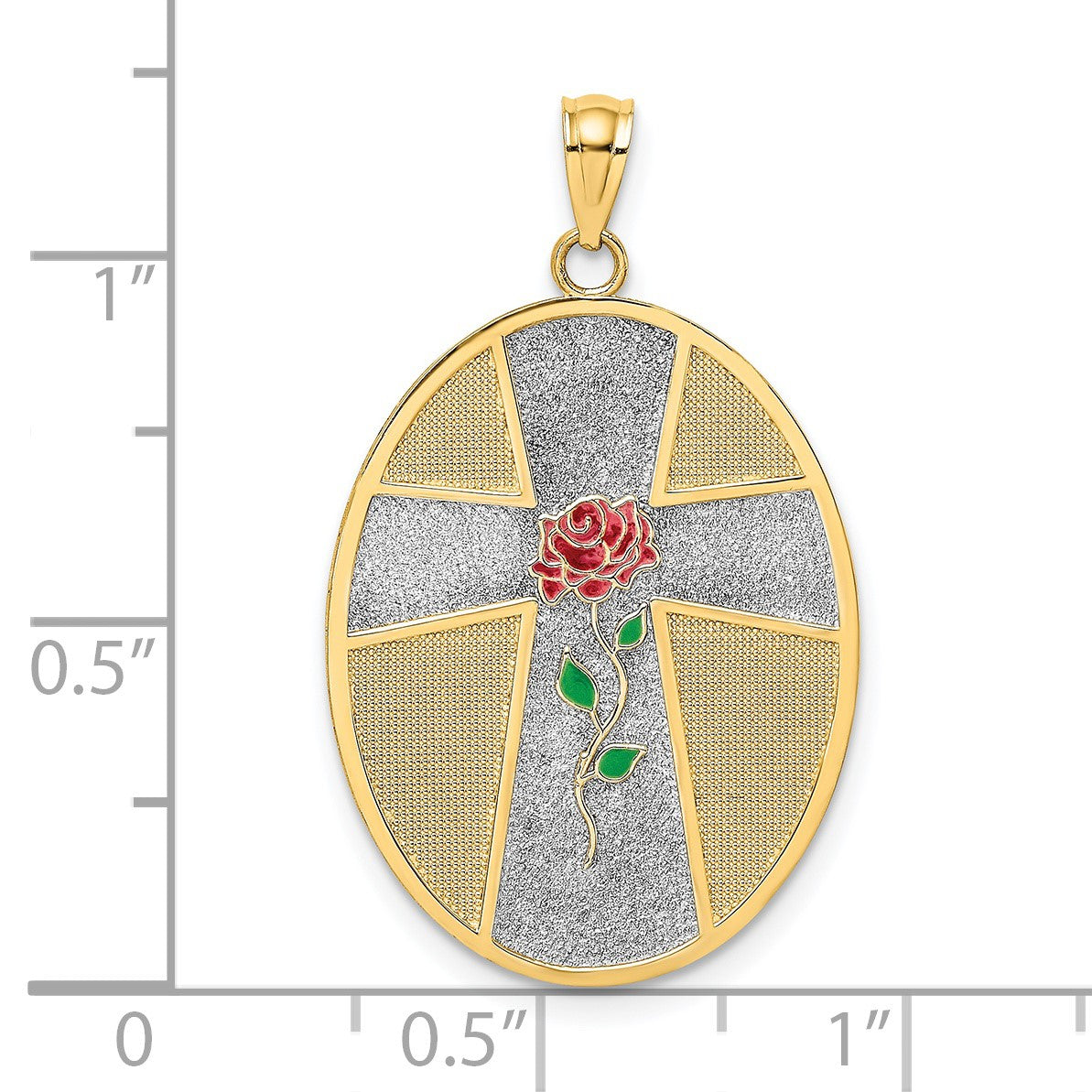 14K with White Rhodium Enameled Rose Cross with Serenity Prayer on Back Oval Disc Charm