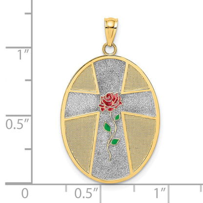 14K with White Rhodium Enameled Rose Cross with Serenity Prayer on Back Oval Disc Charm