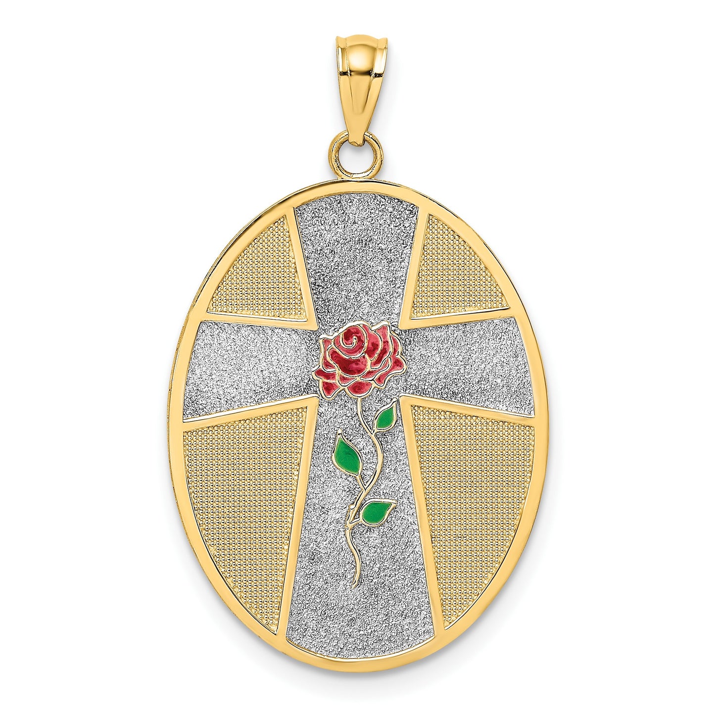 14K with White Rhodium Enameled Rose Cross with Serenity Prayer on Back Oval Disc Charm