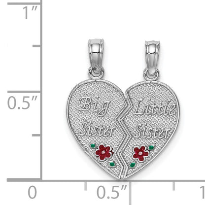 14K White Gold Enameled BIG-LITTLE SISTER 2-Piece Break-Apart Heart Charm